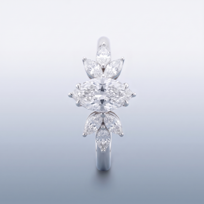 Witgouden Ring maat 17 1/4 met Marquise Lab Diamant 1,00 ct en Vleugelmotief