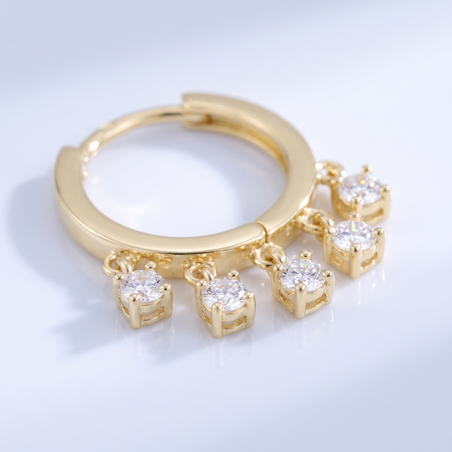 Gouden Creolen 14 Karaat met 5 Hangende Zirkonia Steentjes, 11,5 mm