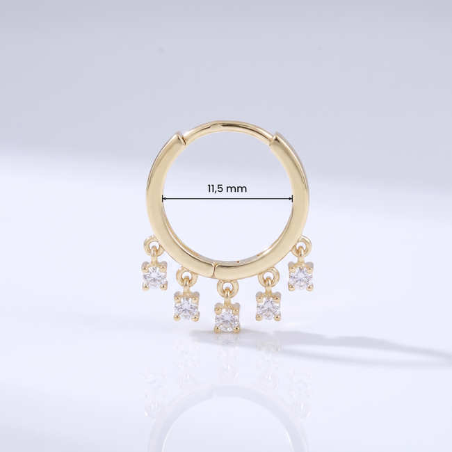 Gouden Creolen 14 Karaat met 5 Hangende Zirkonia Steentjes, 11,5 mm