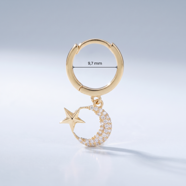 Gouden Creolen 14 Karaat met Gouden Ster en Zirkonia Maansikkel, 9,7 mm
