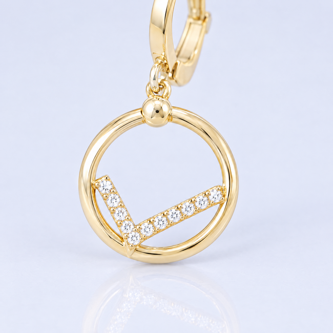 Gouden Ring Oorbellen 14 Karaat met Cirkel en Zirkonia V-lijn