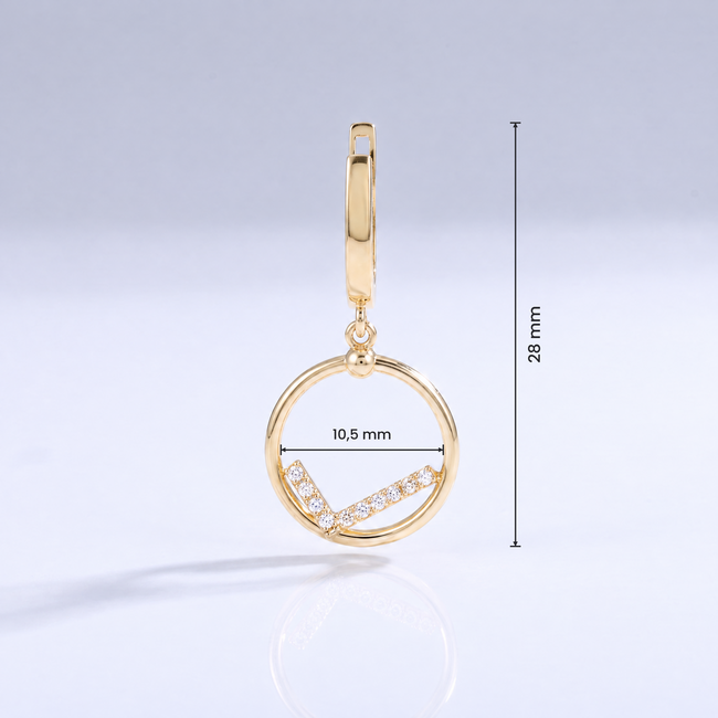 Gouden Ring Oorbellen 14 Karaat met Cirkel en Zirkonia V-lijn