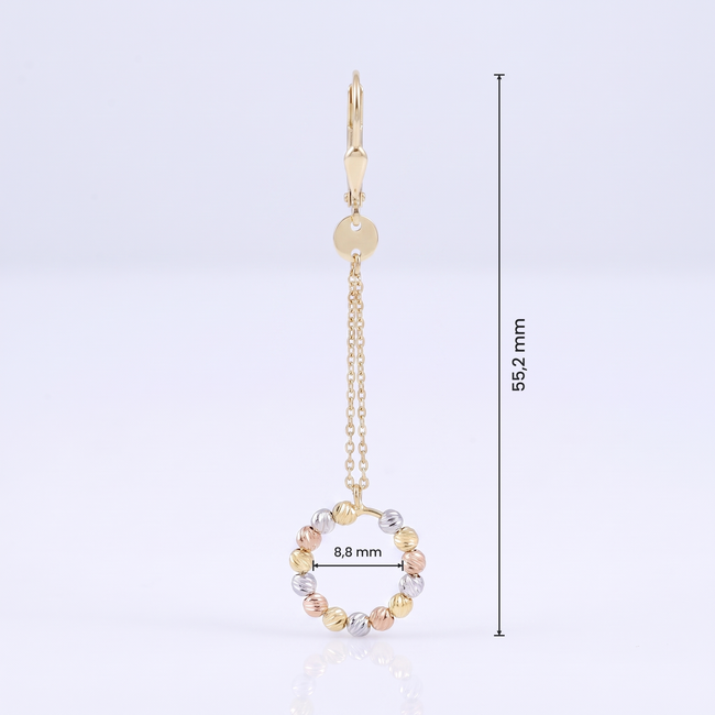 Lange Tricolor Gouden Oorbellen 14 Karaat met Kraaltjes Cirkel