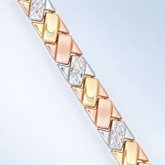 Tricolor Gouden Armband Dames 14 Karaat met Visgraatpatroon