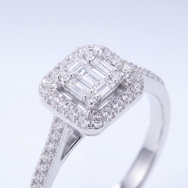 Halo Ring met Baguette Diamanten 0,28 ct 14 Karaat Witgoud