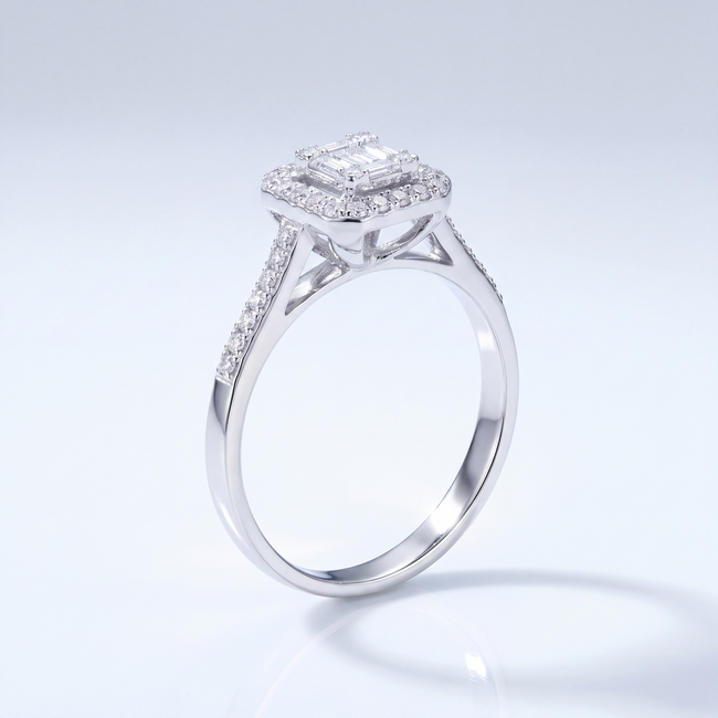 Halo Ring met Baguette Diamanten 0,28 ct 14 Karaat Witgoud