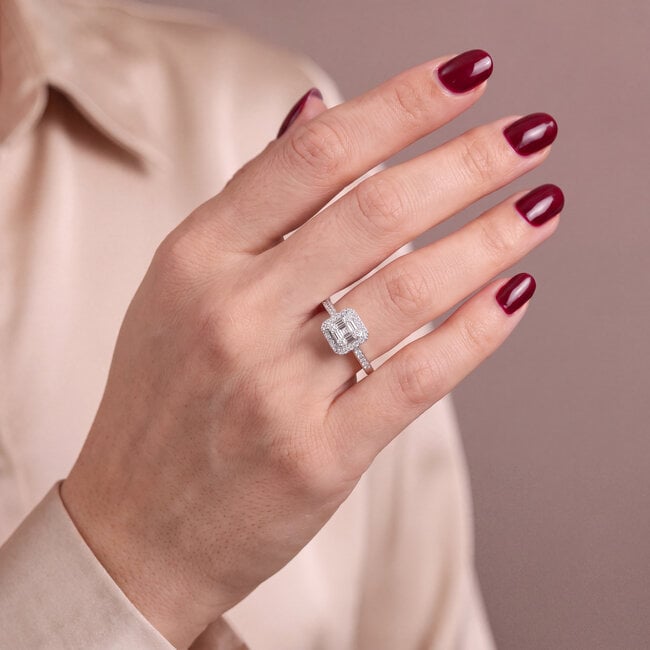 Halo Ring met Baguette Diamanten 0,28 ct 14 Karaat Witgoud