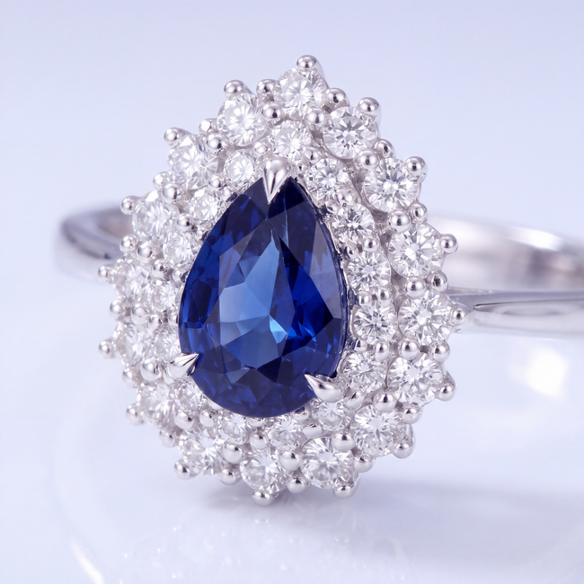 Saffier Ring met Diamant Halo 0,78 ct 14 Karaat Witgoud