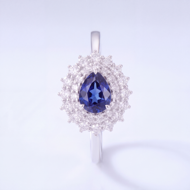 Saffier Ring met Diamant Halo 0,78 ct 14 Karaat Witgoud