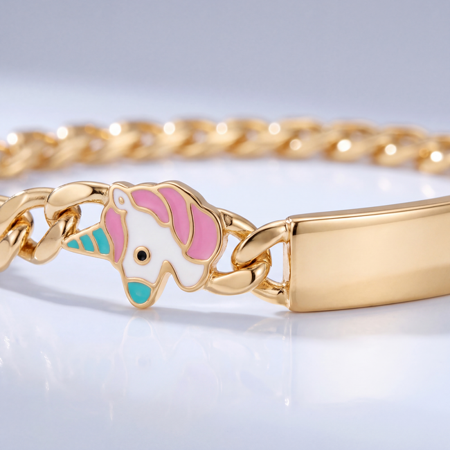 14 Karaat Gouden Kinderarmband met Eenhoorn Bedeltje en Gegraveerd Naamplaatje