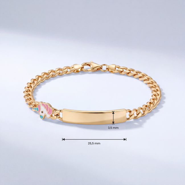 14 Karaat Gouden Kinderarmband met Eenhoorn Bedeltje en Gegraveerd Naamplaatje