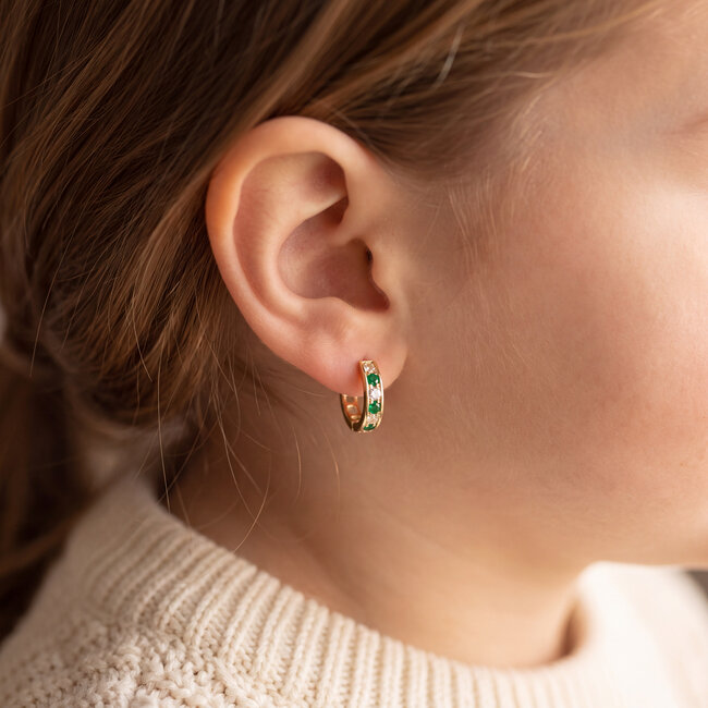 14 Karaat Gouden Oorringetjes met Groene en Witte Zirkonia voor Kinderen