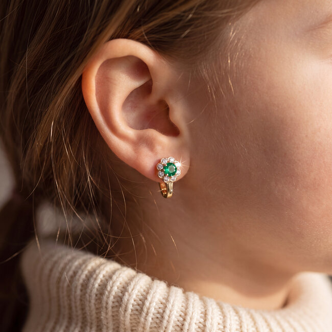 14 Karaat Gouden Bloem Oorbellen met Groene en Witte Zirkonia voor Kinderen