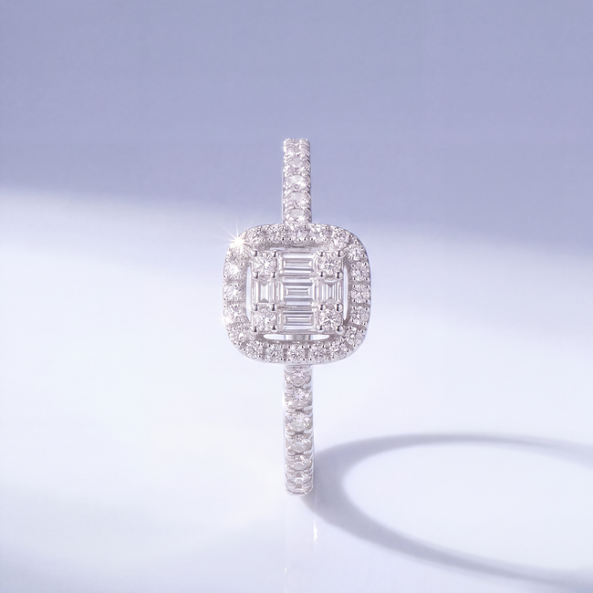 14 Karaat Witgouden Halo Ring met Baguette Diamant