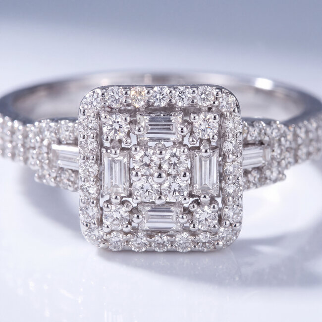 14 Karaat Witgouden Cluster Ring met Baguette Diamant