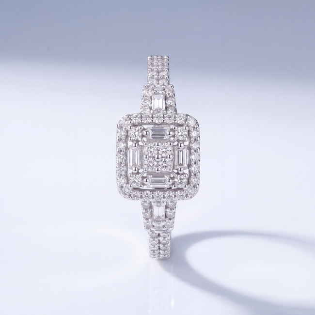 14 Karaat Witgouden Cluster Ring met Baguette Diamant