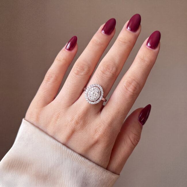 14 Karaat Witgouden Ovale Ring met Dubbele Halo