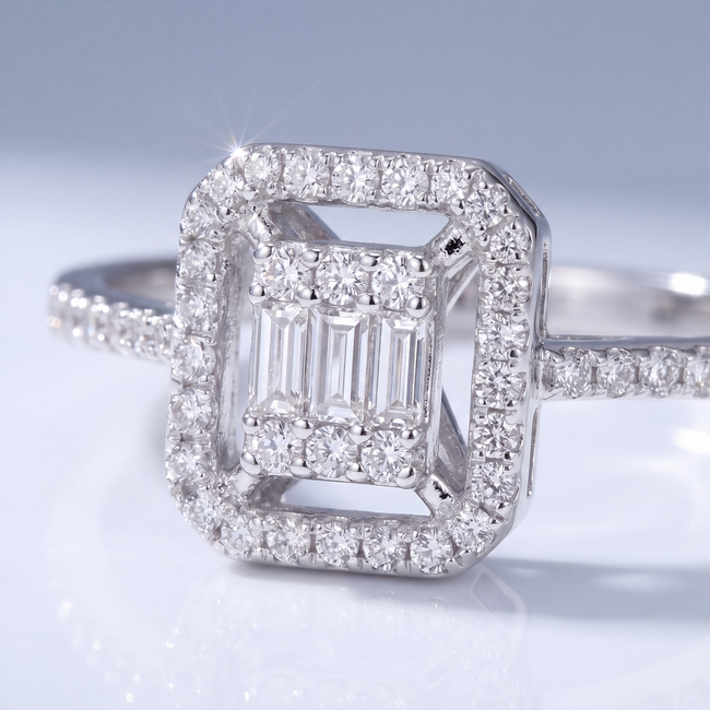 14 Karaat Witgouden Vierkante Ring Baguette Diamant