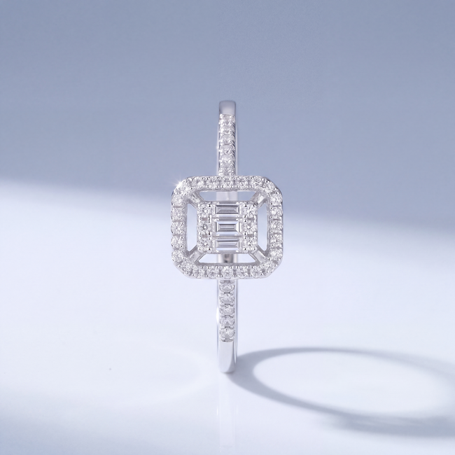 14 Karaat Witgouden Vierkante Ring Baguette Diamant