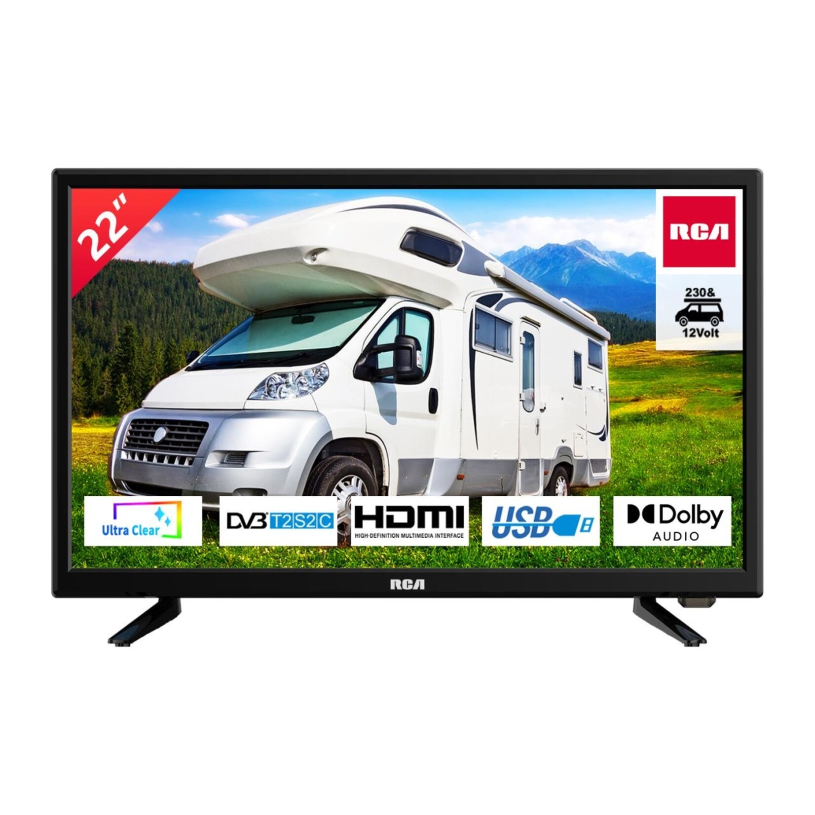 RCA RCA RB22H2CU 22 inch TV (TV 55 cm), for mobile homes and caravans 12V car adapter, Dolby Audio, triple tuner DVB-C/T2/S2, VGA PC connection, HDMI, USB, digital audio output, including hotel mode