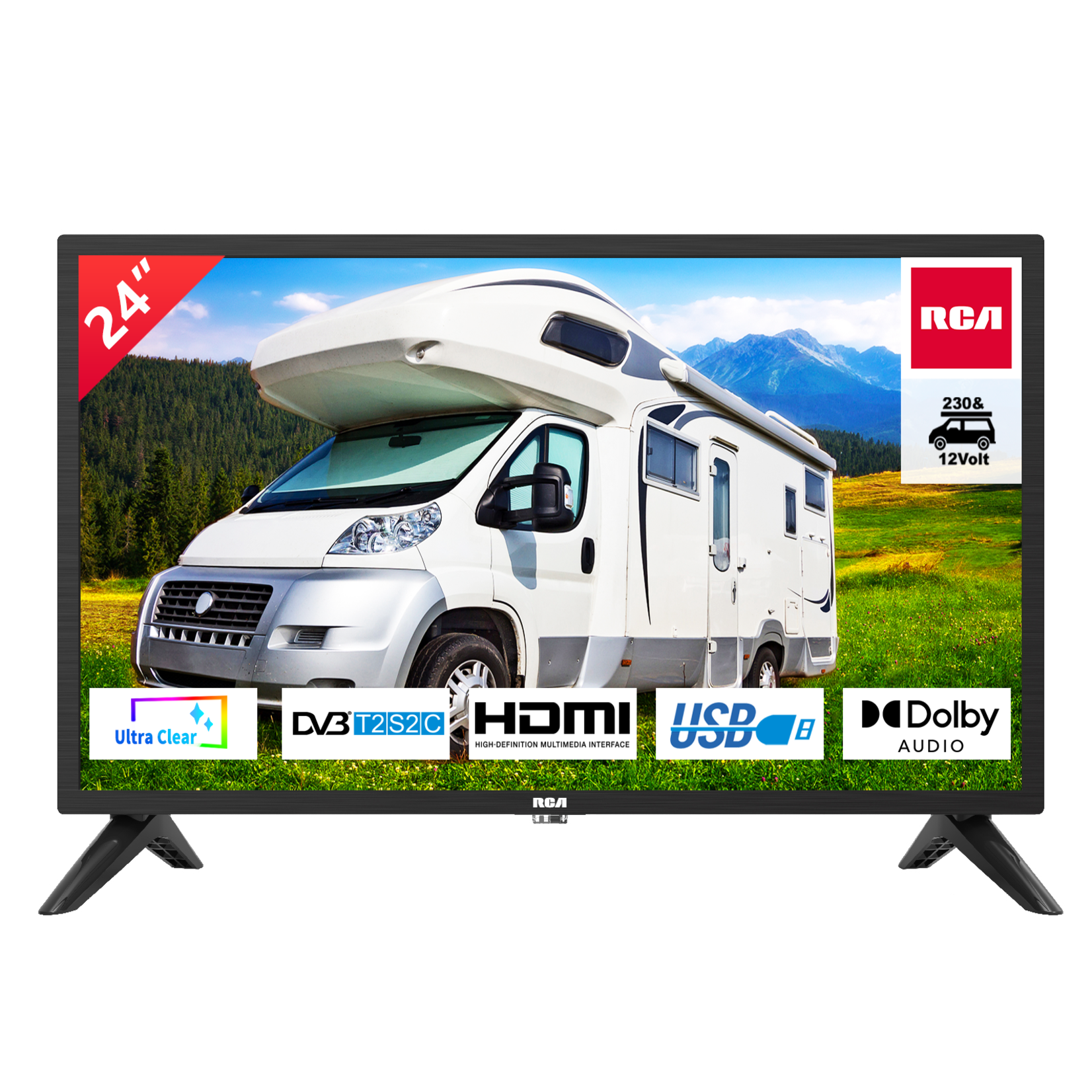 RCA RCA RB24H2CU 24 inch TV (TV 60 cm), for mobile homes and caravans 12V car adapter, Dolby Audio, triple tuner DVB-C/T2/S2, VGA PC connection, HDMI, USB, digital audio output, including hotel mode
