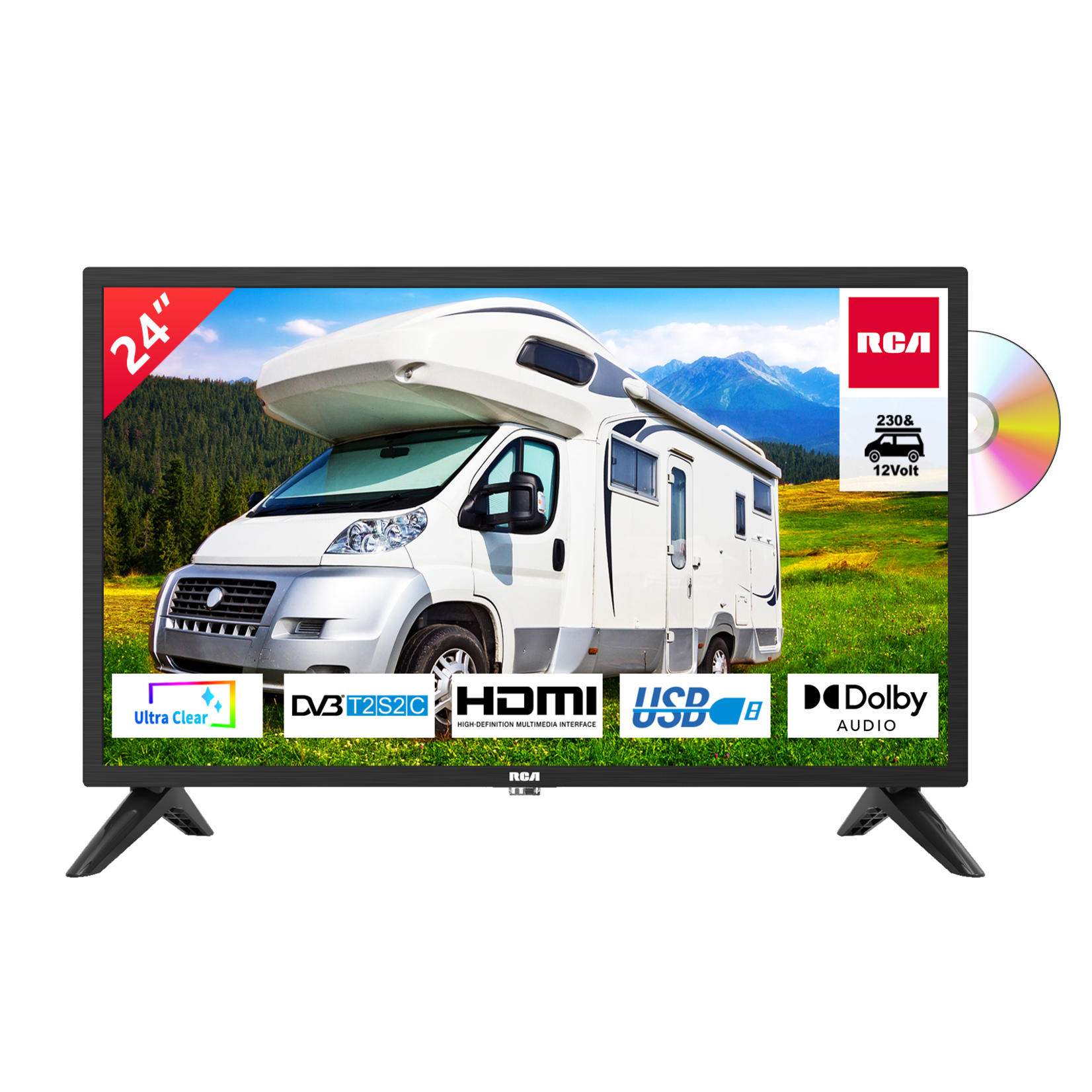 RCA RCA RD24H2CU 24 inch TV (TV 60 cm) with built-in DVD player for mobile homes and caravans 12V car adapter, Dolby Audio, Triple Tuner DVB-C/T2/S2, HDMI, USB, digital audio output.