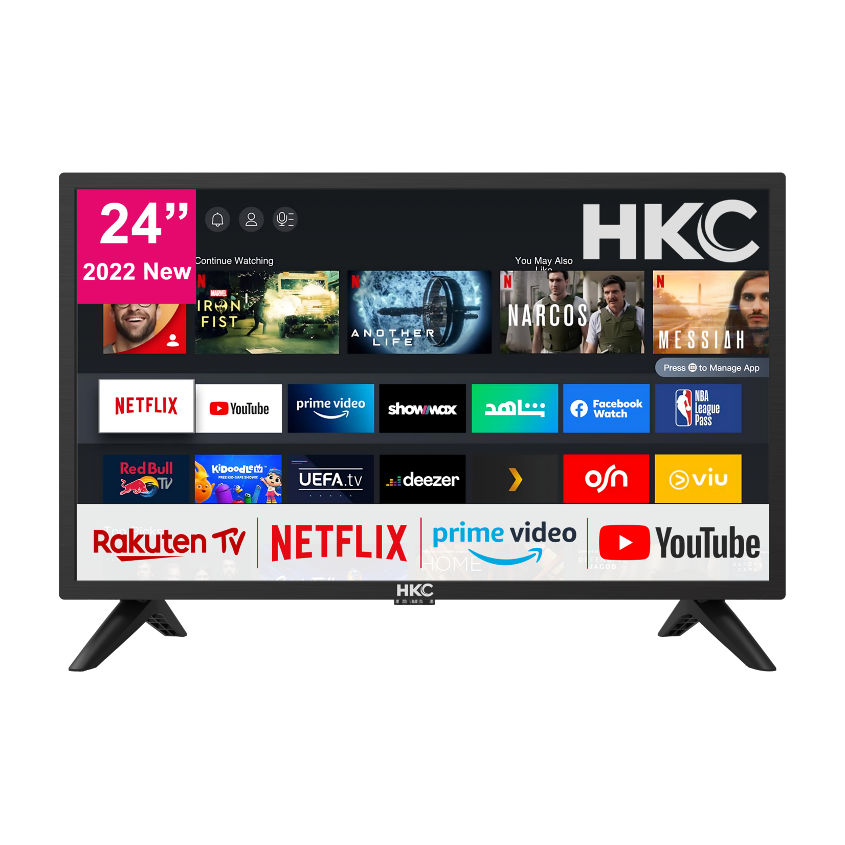 HKC HKC  HV24H1 Smart TV 24 Pouces (60 cm) Téléviseur avec Netflix, Prime Video, Rakuten TV, DAZN,  Youtube, Wifi, Triple-Tuner DVB-T2 / S2 / C, Dolby Audio