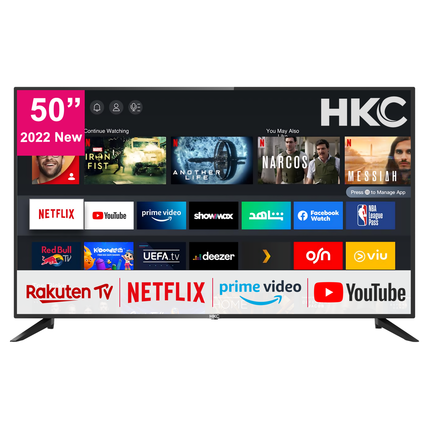 HKC HKC HV50U1 4K Fernseher 50 Zoll (127 cm) Smart TV mit HDR, Netflix, Prime Video, Rakuten TV, DAZN, Disney+, Youtube, UVM, Wifi, Sprachsteuerungs, Triple-Tuner DVB-T2 / S2 / C, Dolby Audio