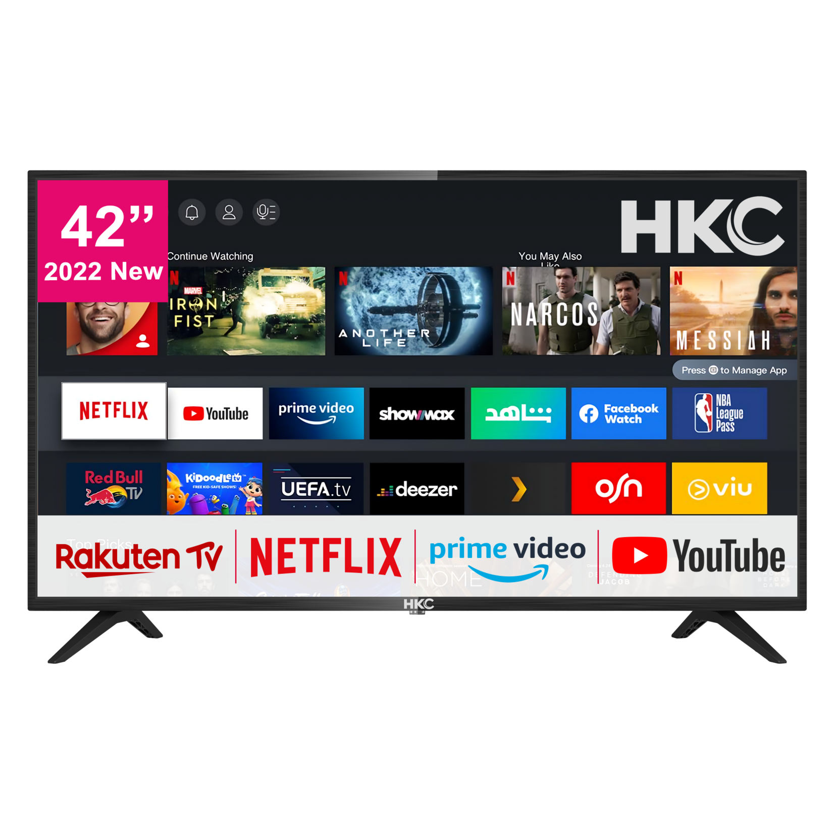 HKC HKC  HV42F1 Smart TV 42 pollici (106 cm) TV con Netflix, Prime Video, Rakuten TV, DAZN, Disney+, Youtube, Wifi, Triple-Tuner DVB-T2 / S2 / C, Dolby Audio