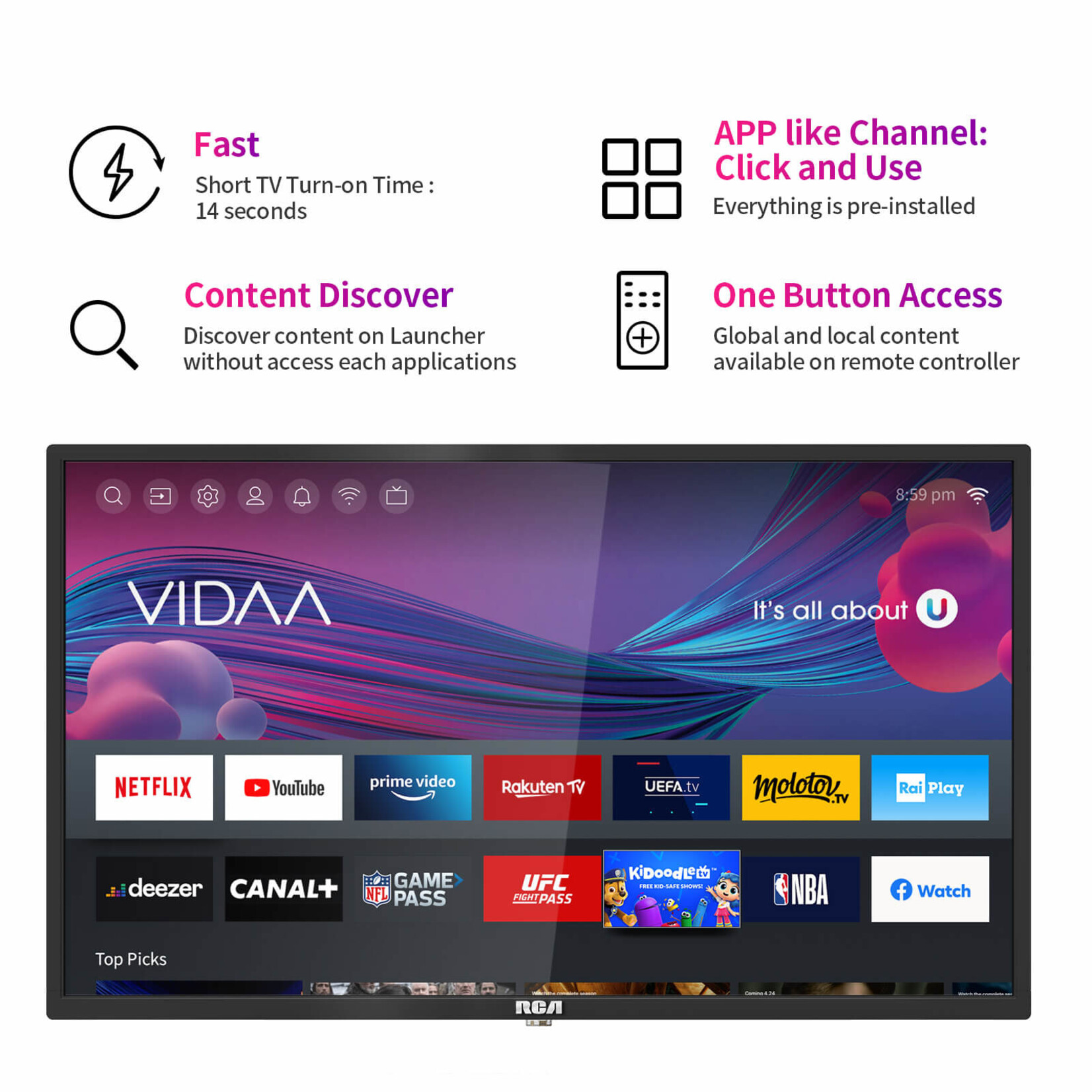 RCA RCA iRV32H3 Smart TV 32 Pulgadas (80 cm) Televisores - Netflix, Prime Video, Rakuten TV, DAZN, Disney+, Youtube, WiFi, Triple-Tuner DVB-T2 / S2 / C, Dolby Audio