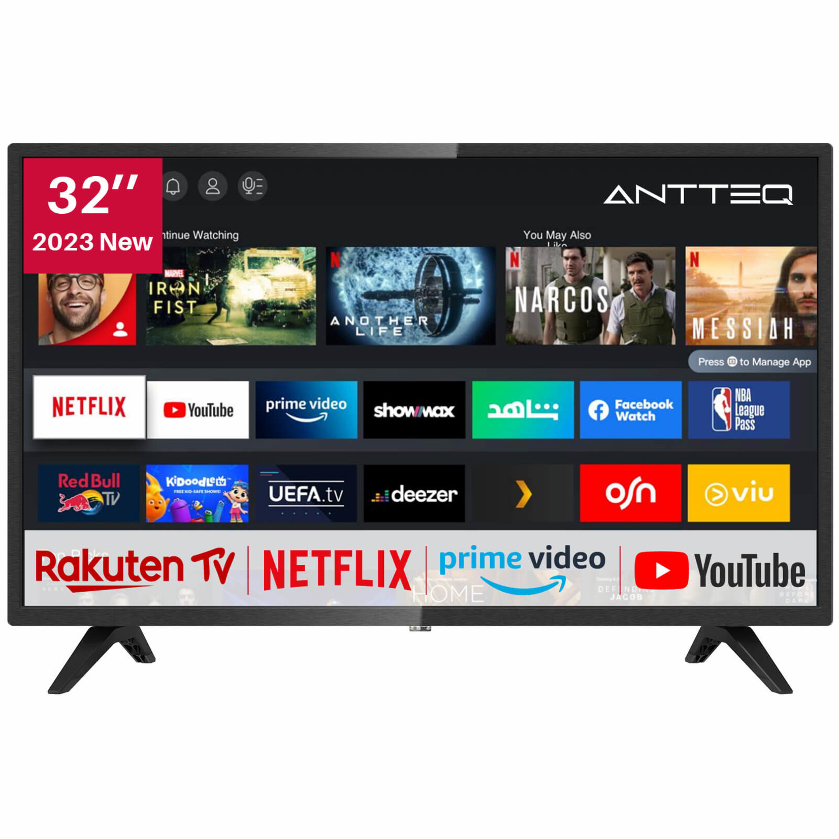 ANTTEQ ANTTEQ AV32H3 Smart TV 32 Inch (80 cm) Televisie met Netflix, Prime Video, Rakuten TV, Disney+, DAZN, Youtube, Wifi, Triple-Tuner DVB-T2 / S2 / C, Dolby Audio