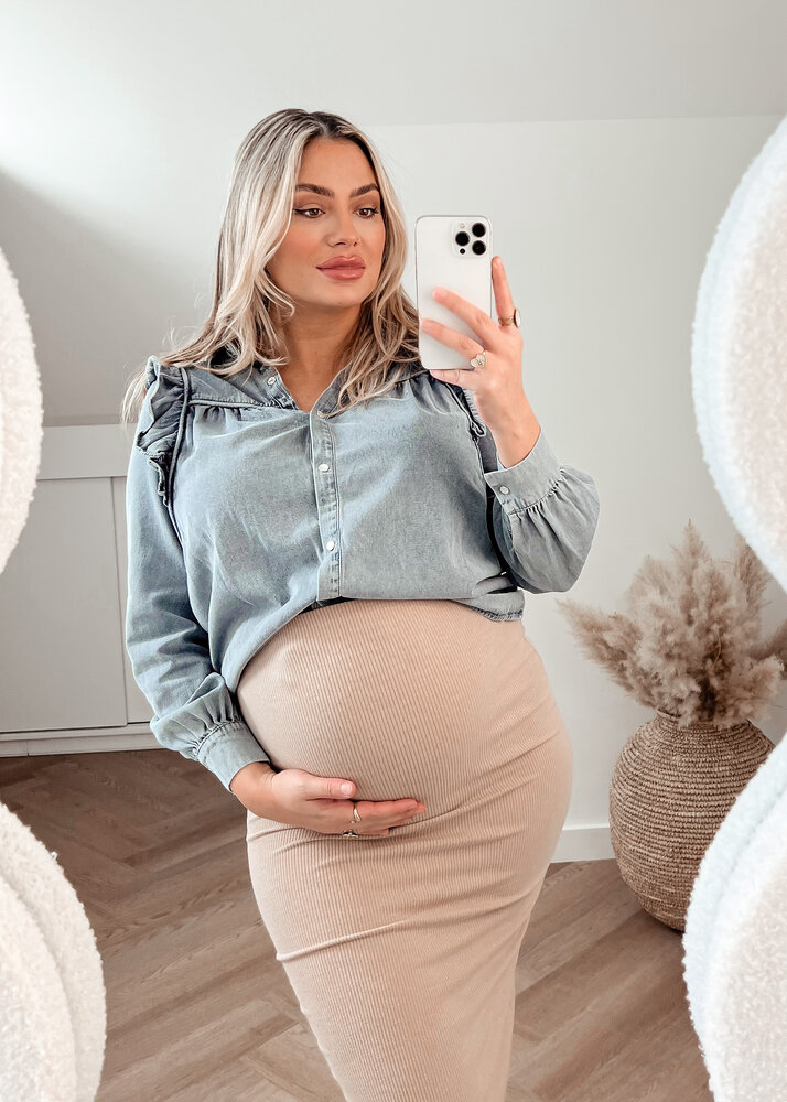 RUFFLE DENIM BLOUSE WASHED BLUE