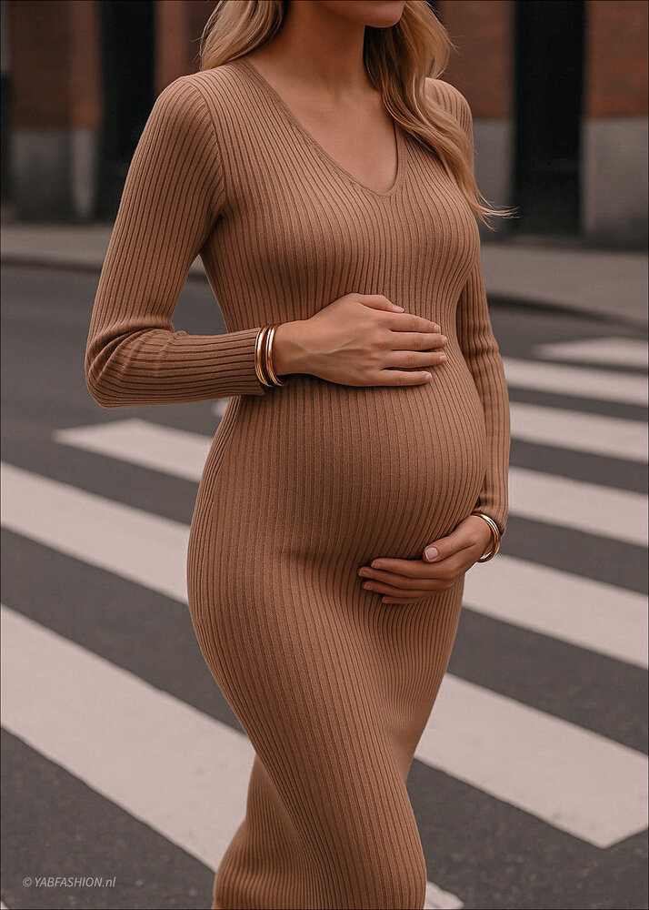 V NECK RIBBED MAXI DRESS CAMEL