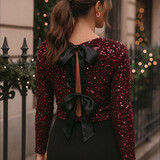 satin bows paillette top ♡ bordeaux