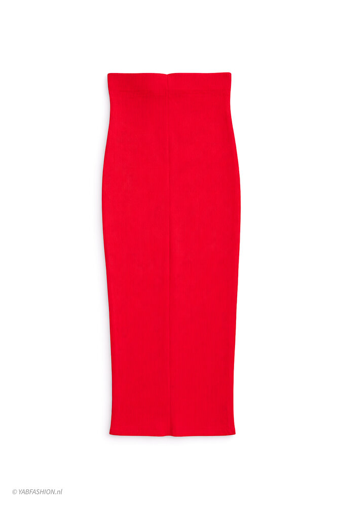 RIBBED LONG PENCIL SKIRT RED