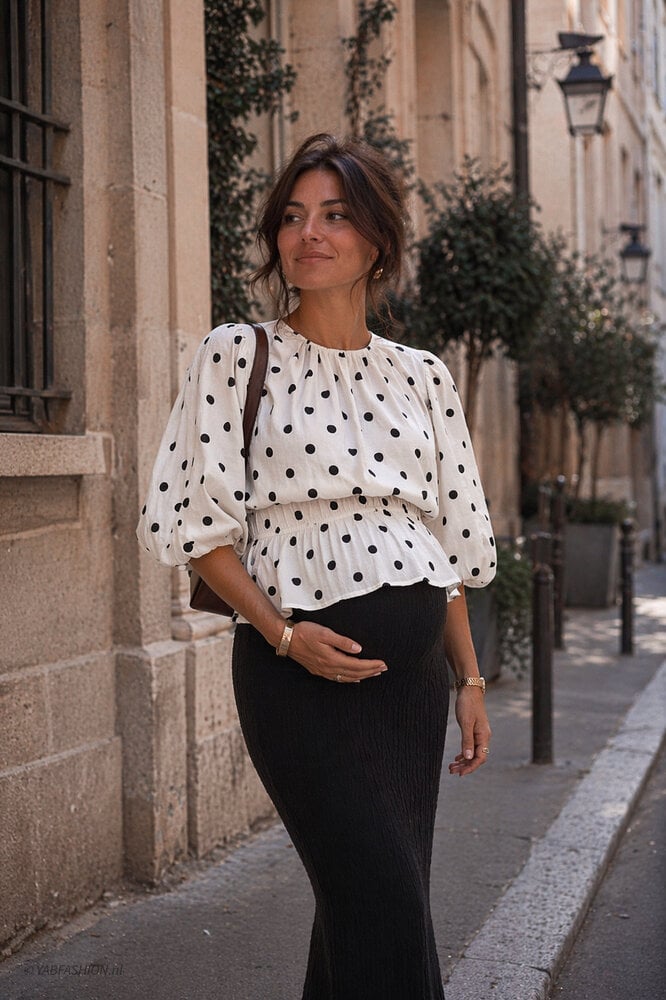 DOTTED PEPLUM TOP BLACK WHITE