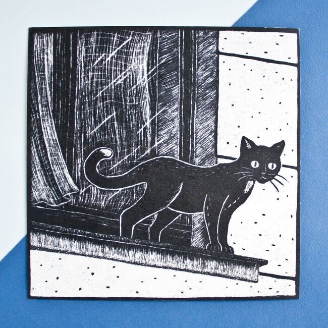 Katja Rub - Zwarte Kat bij het Raam, Ansichtkaart 14,8 x 14,8 cm