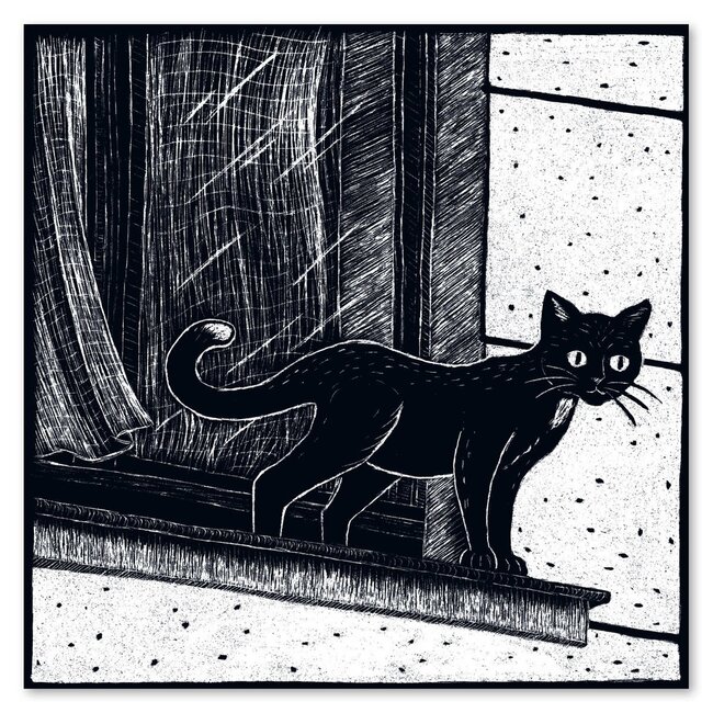 Katja Rub - Zwarte Kat bij het Raam, Ansichtkaart 14,8 x 14,8 cm