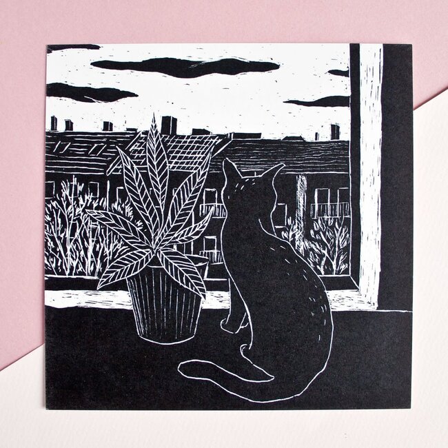 Katja Rub - Cat and Plant, Postcard 14.8 x 14.8 cm
