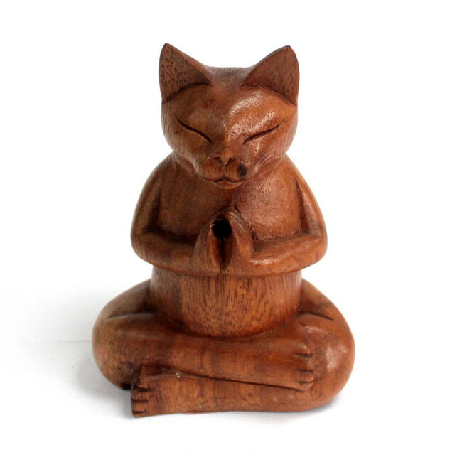 Yoga Cat M - Suar Wood, Hand Carved 13 cm