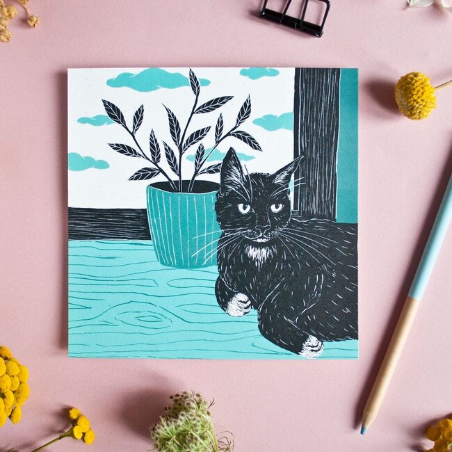 Katja Rub - Kat bij Plant, Ansichtkaart 14,8 x 14,8 cm