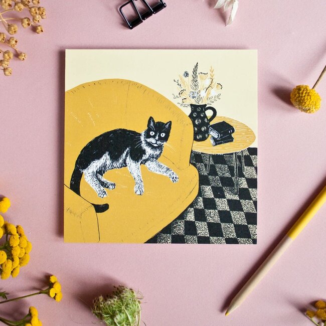 Katja Rub - Cat on Yellow Chair, Postcard 14.8 x 14.8 cm