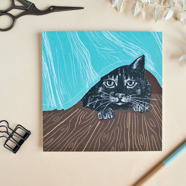 Katja Rub - Cat and Curtain, Postcard 14.8 x 14.8 cm