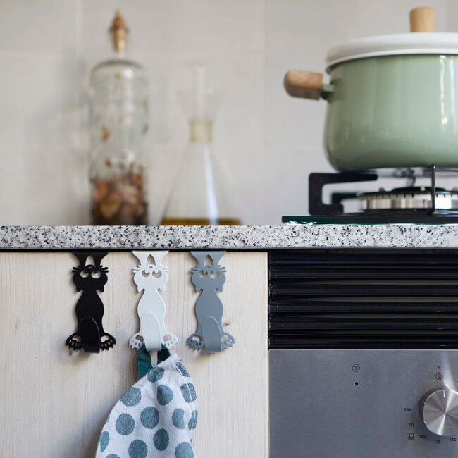 Balvi - Drawer Hooks Curious Cat, Black/White/Grey, Set of 3