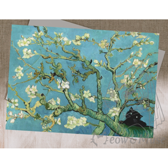 Meow & Muse - Black Cat and Almond Blossoms, Ansichtkaart 14,8 x 10,5 cm
