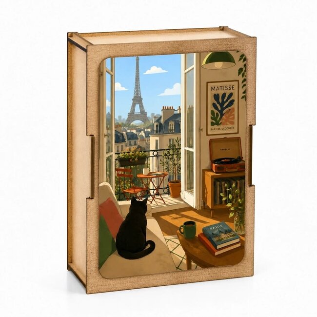Mini Jigsaw Hout Puzzel - Paris Window with Black Cat