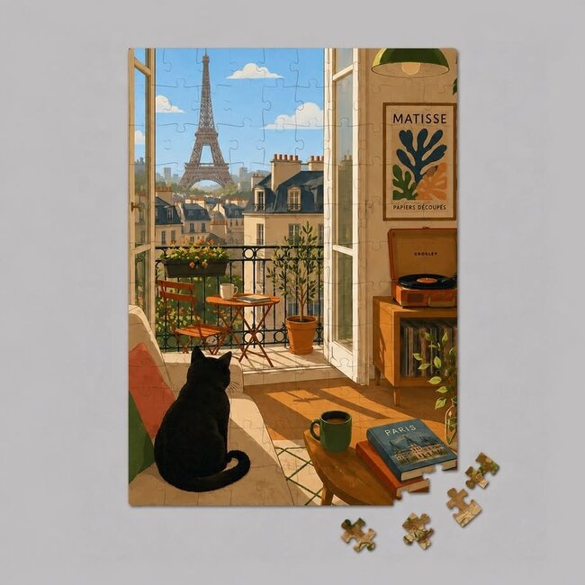 Mini Jigsaw Hout Puzzel - Paris Window with Black Cat