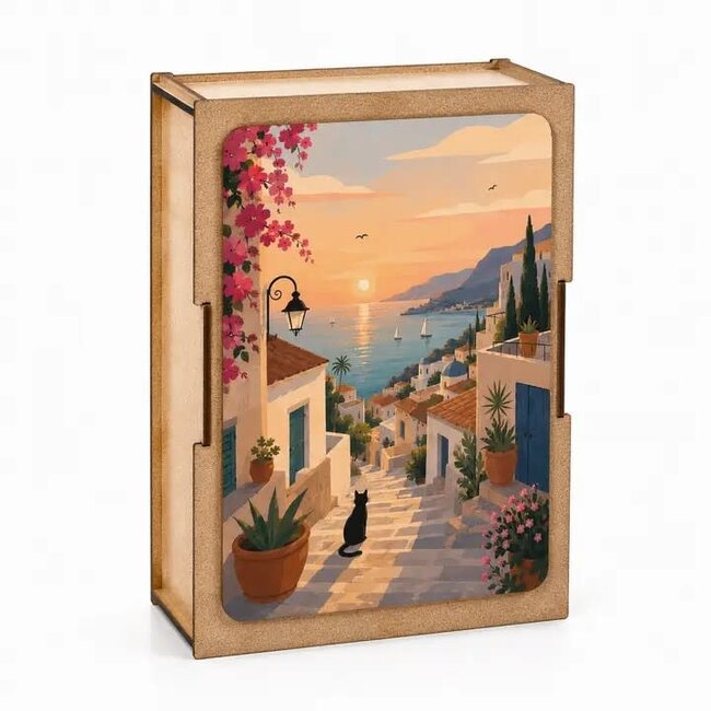 Mini Jigsaw Hout Puzzel- Mediterranean Sunset with Black Cat