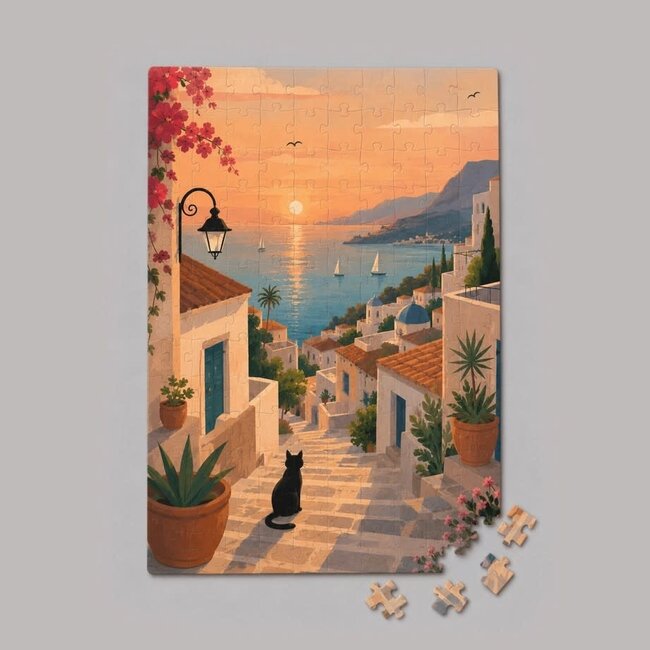 Mini Jigsaw Hout Puzzel- Mediterranean Sunset with Black Cat