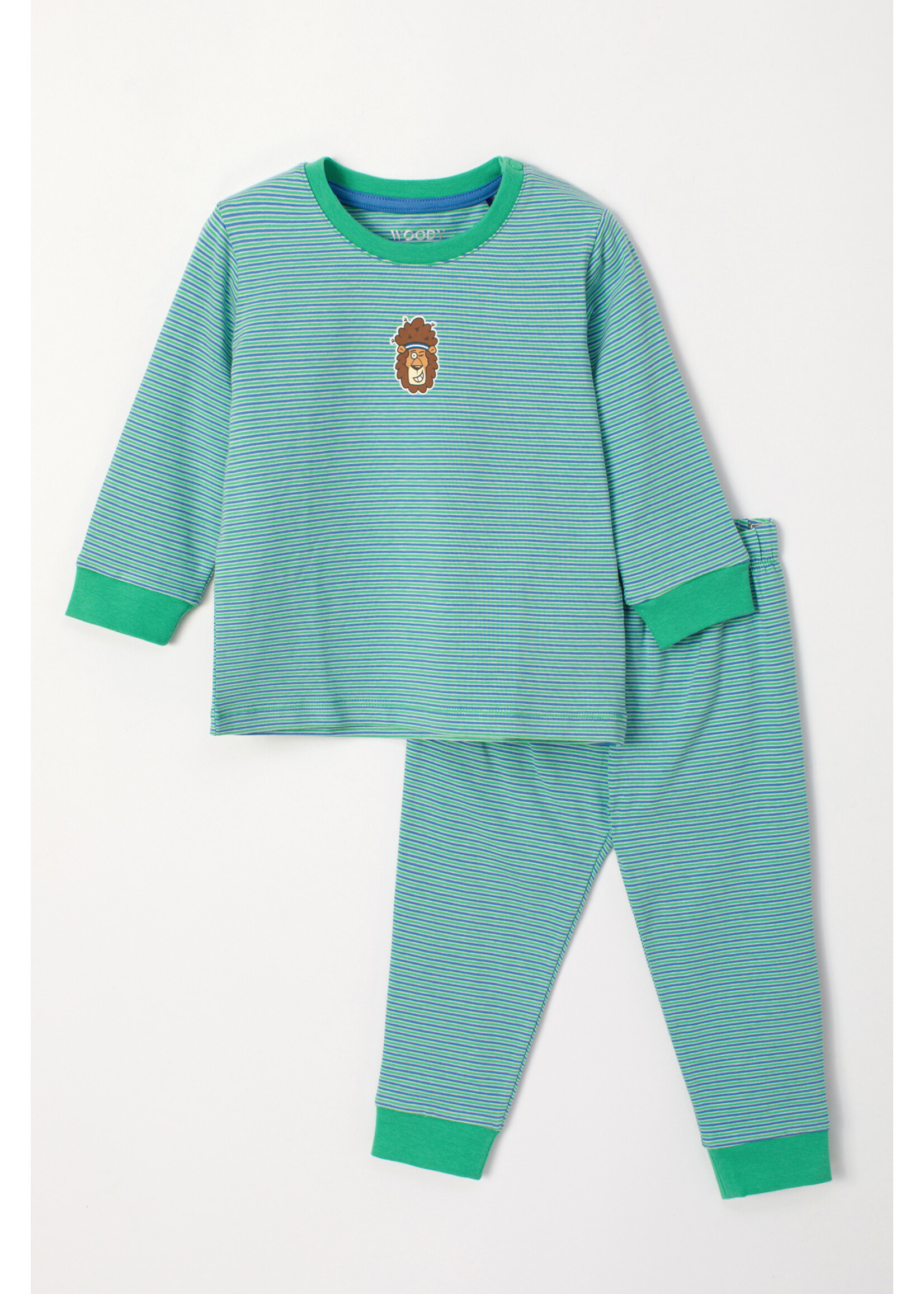 Woody Woody Unisex Pyjama Groen/Blauw streep Leeuw